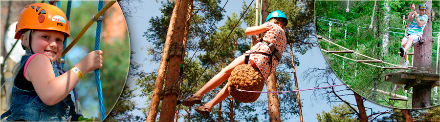 Atreenalin Tykkimäessä on erilaisia liukuja ja ylityksiä puusta puuhun.